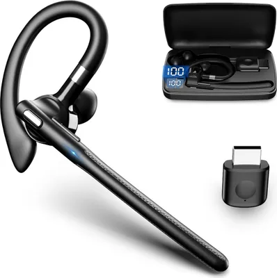 Wireless Kopfhörer mit Mikrofon, USB Adapter, LED Ladebox, 1,5 h Schnellladung, 180 h Standby, Freisprechen, Dual-Device, für Business & Auto