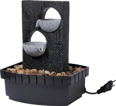 Zdjęcie produktu dla dobar fontanna wewnętrzna o wyglądzie kamienia z kamieniami dekoracyjnymi i dwiema misami, fontanna z pompą do wnętrz, polyresin, 20,5 x 16,5 x 26 cm, szaro-czarny