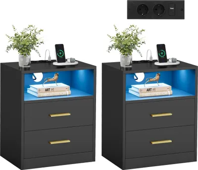 Produktbild von VASAGLE Beistelltisch mit Schubladen, 2er Set, Nachttisch aus Holz, Schlafzimmer, Massivholzbeine, schwarz