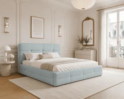 Produktbild von MOEBLO Polsterbett Bett 17 – Doppelbett mit Aragon-Stoff, gepolstertem Kopfteil, Metallrahmen, Bettkasten und Federmechanismus - 160x200 cm - Hellblau (Aragon 70)