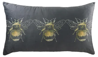 Samtkissen mit Bienenmotiv, Federfüllung, 30x50 cm, Grau