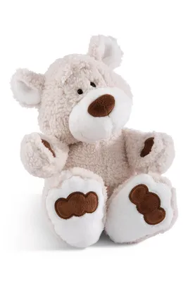 A plush teddy bear sitting on a white background.
