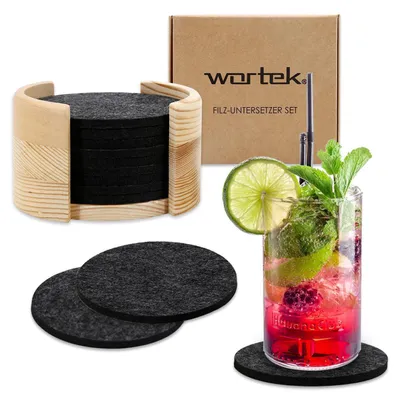 Produktbild von wortek Filz Untersetzer - Holzhalterung I Filzdeckel - Getränke, Tassen, Bar & Tisch I 10er Set I 10cm I Rund I Schwarz