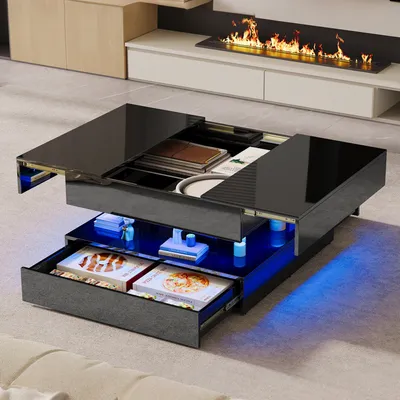 Immagine prodotto di UnboxG Tavolino da salotto 78×78×43 cm Nero, lucido Quadrato, allungabile con cassetto e spazio contenitivo, luce d'atmosfera a LED tramite app, soggiorno, tavolino, design moderno e multifunzionale