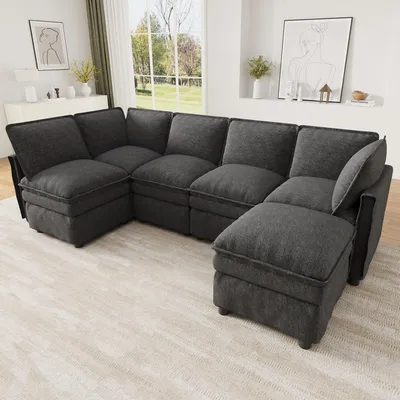 Produktbild von Merax XXL Modulares Ecksofa mit Schlaffunktion, 6-Sitzer Wohnlandschaft U/L-Form, Chenille Cloud Sofa mit Hocker, Doppelpolster, Wohnzimmer, Grau