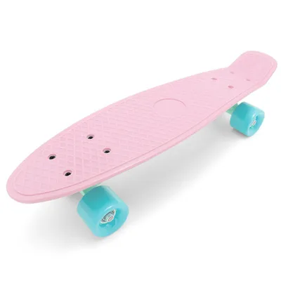 A pink pennyboard with blue wheels is shown on a white background.