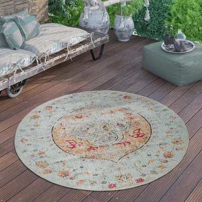 Immagine prodotto di Tappeto da esterno rotondo resistente alle intemperie per balcone, terrazza e cucina, moderno vintage pastello, dimensione 200 cm rotondo