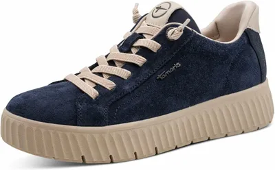 Produktbild von Tamaris Damen Leder Sneaker dunkelblau mit profilierter Plateausohle in Kontrastfarbe