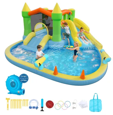 Produktbild von Aufblasbare Wasserhüpfburg - Hüpfburg mit Wasserrutsche - Maße 382 x 398 x 197 cm - Planschbecken - Basketballkorb & Ringwurfspiel - Für 3–4 Kinder (3–8 Jahre)