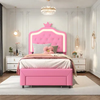 Obrázek produktu pro Dětská postel – čalouněná princeznovská postel 90 x 200 cm – s roštem – dřevěný rám – snadná montáž – jednolůžko pro dívky/teenagerky – růžová