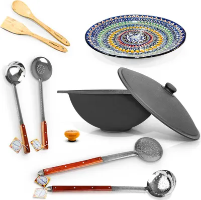 Produktbild von Kazan Gusseisen 22 L Holzgriff Uzbekisch Kochtopf Schaumlöffel WOK Plov Lagan