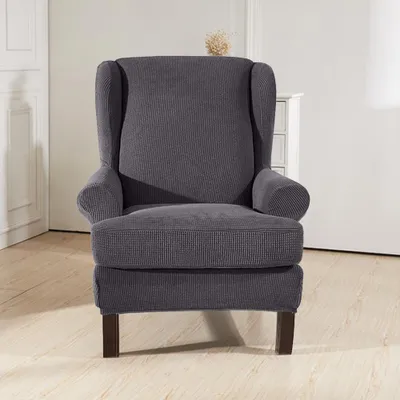 Obrázek produktu pro Jacquard Wing Chair Cover Elastické univerzální stretchové potahy na pohovku Kryty křídel s odnímatelnými rameny Slipcovers Chránič nábytku (tmavě šedá, Wing Chair)