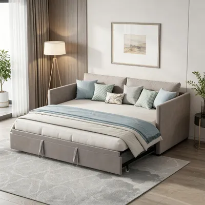 Obrázok produktu pre INONEFT, denná posteľ 90x200 cm / 180x200 cm, rozťahovacia pohovka s roštom a opierkami, multifunkčná posteľ pre hostí, materiál: zamat, farba: sivá