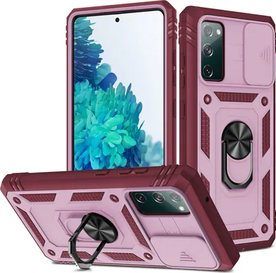 Immagine prodotto di Custodia per Samsung Galaxy S20 FE / S20 FE 5G protezione fotocamera scorrevole, resistente agli urti, con supporto ad anello, supporto e porta carte di credito Rosso Rosa
