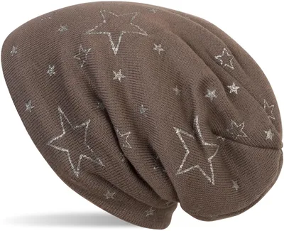Produktbild von styleBREAKER warme Feinstrick Beanie Mütze mit glitzerndem Metallic Sterne Print, Fleece Innenfutter, Slouch Longbeanie, Damen 04024125