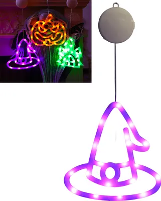 Productafbeelding van LED-raamverlichting, lichtkettingen, Halloween-heksenhoeden, hangende lichtgordijnen voor Halloween, Pasen, Kerstmis, feestjes, balkon. Werkt op batterijen en wordt bevestigd met zuignappen