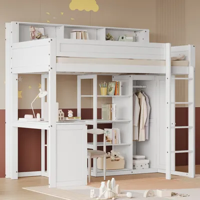 Produktbild von MODFU Etagenbett Kinderbett 90x200cm mit Tisch und Kleiderschrank, Hochbett mit Fallschutzgitter, Massivholzbett Stockbett mit Lattenrost und integrierter Stauraum, Jugendbett Bettgestell, Weiß