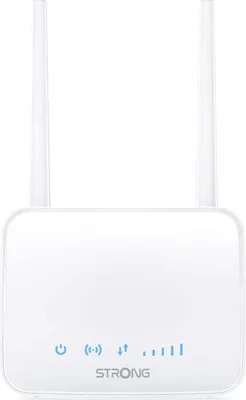 A white STRONG 4G LTE WLAN router with two antennas is shown against a white background.