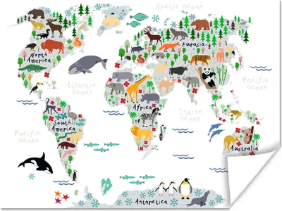 Produktbild von MuchoWow® Poster Weltkarte - Kinder - Tiere - Pflanzen 120x90 cm - Wandbild