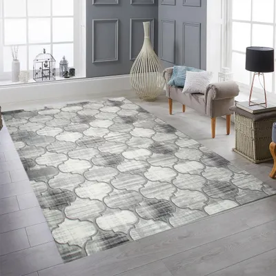 Produktbild von Moderner Kurzflorteppich mit Ornamentmuster Grau-Beige mit Cremeakzenten Größe - 120 x 170 cm