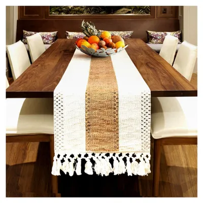 Produktbild von Beiger Makramee Tischläufer aus Baumwolle für Boho Hochzeits- und Bauernhausdekoration (30x180cm)