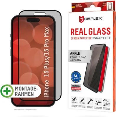 Produktbild von Displex Privacy Panzerglas (10H) für Apple iPhone 15 Plus/15 Pro Max, Eco-Montagerahmen, Privacy Filter, Apple, Apple iPhone 15 Plus, Apple iPhone 15 Pro Max, Trockene Anwendung, Schlagfest, Kratzresistent, Staubresistent, Transparent, 1 Stück(e)