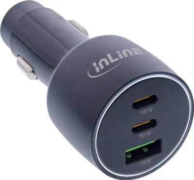 Produktbild von InLine USB KFZ Stromadapter Power Delivery, 2x USB-C + QC 3.0 USB-A, schwarz, Auto, Zigarettenanzünder, 20 V, Schwarz