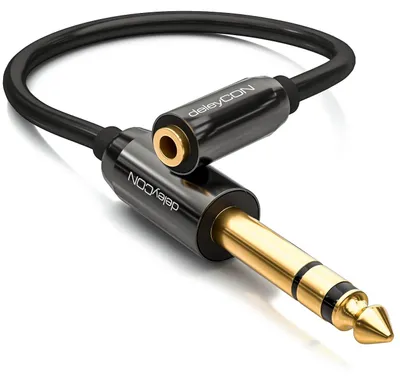 Produktbild von deleyCON 0,2m Stereo Audio Klinke Adapter Kabel - 6,3mm Stecker zu 3,5mm Buchse - Vergoldete Kontakte - 20cm Kurz - Schwarz