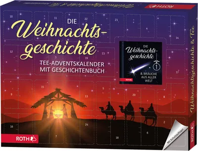 A Christmas advent calendar box with a Nativity scene illustration and text.