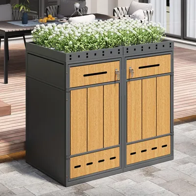 Immagine prodotto di Box per bidoni della spazzatura Merax con tetto verde 120-240 L, rivestimento per bidoni della spazzatura in acciaio laminato a freddo, box per bidoni della spazzatura con sistema di raccolta differenziata diviso in due parti, effetto legno, grigio