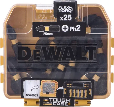 A clear, top-down view of a DeWalt screwdriver bit set case.
