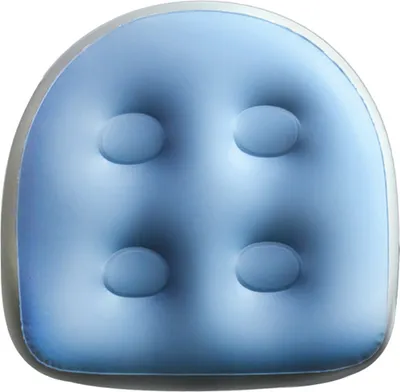 A close-up view of a blue inflatable spa seat with suction cups.