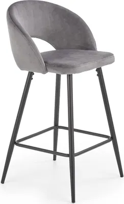 A studio shot of a gray bar stool with black legs against a white background.