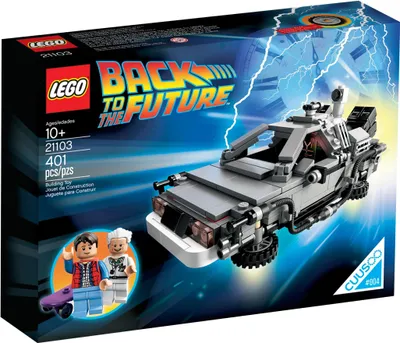 The image shows the LEGO Ideas DeLorean Time Machine set packaging, featuring the iconic car and characters from Back to the Future.
