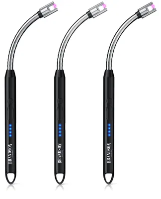 Produktbild von Brandson Lichtbogen-Feuerzeug 3er Set elektrisch mit USB-C-Ladung, flammenlos und winddicht, biegsamer Hals mit 26 cm Länge, Stabfeuerzeug, 3 Stück, schwarz-silber