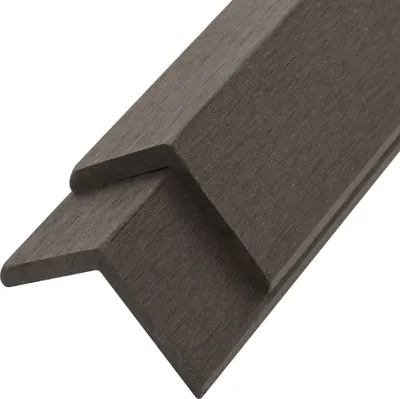 A close-up shot of a dark brown WPC corner profile, showcasing its texture and shape.