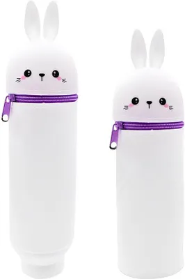 Image de Unyqoos® Étui à crayons 2-en-1 en silicone avec motif animal, 18,5 x 6,5 cm – Rangement pour jusqu'à 20 stylos, avec fermeture éclair et compartiment pour gomme, idéal pour l'école et le bureau