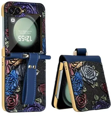Produktbild von Leder Blumen Case für Galaxy Z Flip 6 - Mit Riemen, Standfunktion und Gelenkschutz