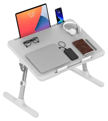 Zdjęcie produktu dla Składany stolik do laptopa – stolik pod kolana – regulacja wysokości w 5 stopniach – regulacja kąta nachylenia w 4 pozycjach – przenośny – do użytku w łóżku, na sofie i do pracy – kolor: szary