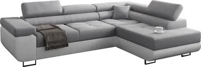 Produktbild von Ecksofa mit schlaffunktion und bettkasten, Sofa L-form, Couch L-form Webstoff  Hellgrau + Weißes   Ottomane Rechts