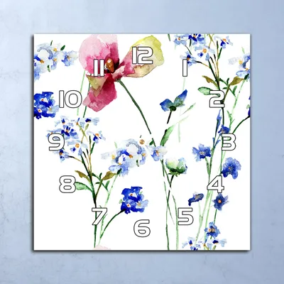 Produktbild von Deko Glasuhr Wanduhr 30x30 Wildblumen blau rosa Quarz Küchenuhr Bürouhr