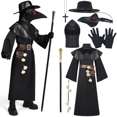 Produktbild von Spooktacular Creations Schwarzes Pestarzt-Kostümset, 10-in-1-Halloweenkostüm mit Schnabelmaske und Pestarzt-Outfit für Kinder (groß)