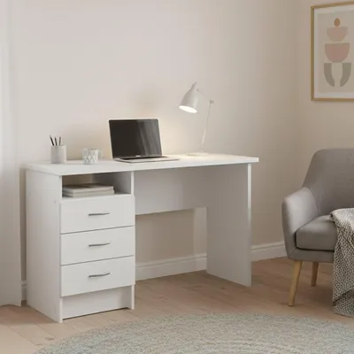 Produktbild von Schreibtisch Priscille, Mehrzweckschreibtisch, Bürotisch für PC, Eckschreibtisch, 120x48 h72 cm, Weiß