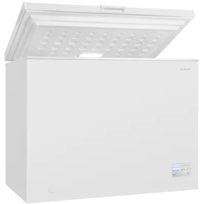 A white chest freezer with its lid open, showing the interior and a light.