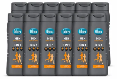 Imagen del producto de 12 unidades de gel de ducha refrescante Odorex For Men Sport, 300 ml cada uno. Paquete económico