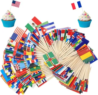 Imagen del producto de Palillos de dientes con diseños de banderas de diferentes países, brochetas con forma de bandera, adornos para cócteles con impresión de doble cara, diferentes banderas nacionales, adornos para alimentos, fruteros de papel, adornos para pasteles