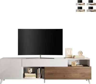 Immagine prodotto di Mobile TV dal design moderno, bianco, con cassetto e 2 ante, 241x42x94 cm, Clere - Ulmo - Bianco lucido