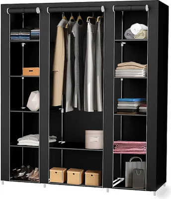 A black fabric wardrobe with multiple compartments and hanging space.