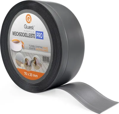 Produktbild von QUEST Weichsockelleiste 70x20mm, 1m, Flexibel Bodenleiste, Knickleiste, PVC Sockelleiste Knickleiste aus PVC Kunststoff, Flexible Fußleiste, dunkles Grau