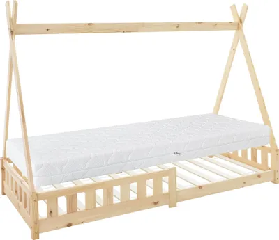 A wooden teepee-style bed frame with a mattress and slatted base, shown against a white background.